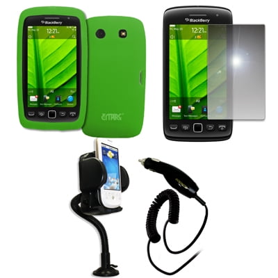 Empire Vents Mirror - EMPIRE Neon Green Silicone Skin Case Cover + 360 Degree Rotatable Car Windshield Mount with Air Vent Attachment + Mirror Screen Protector + Car Charger (CLA) for BlackBerry Torch 9850