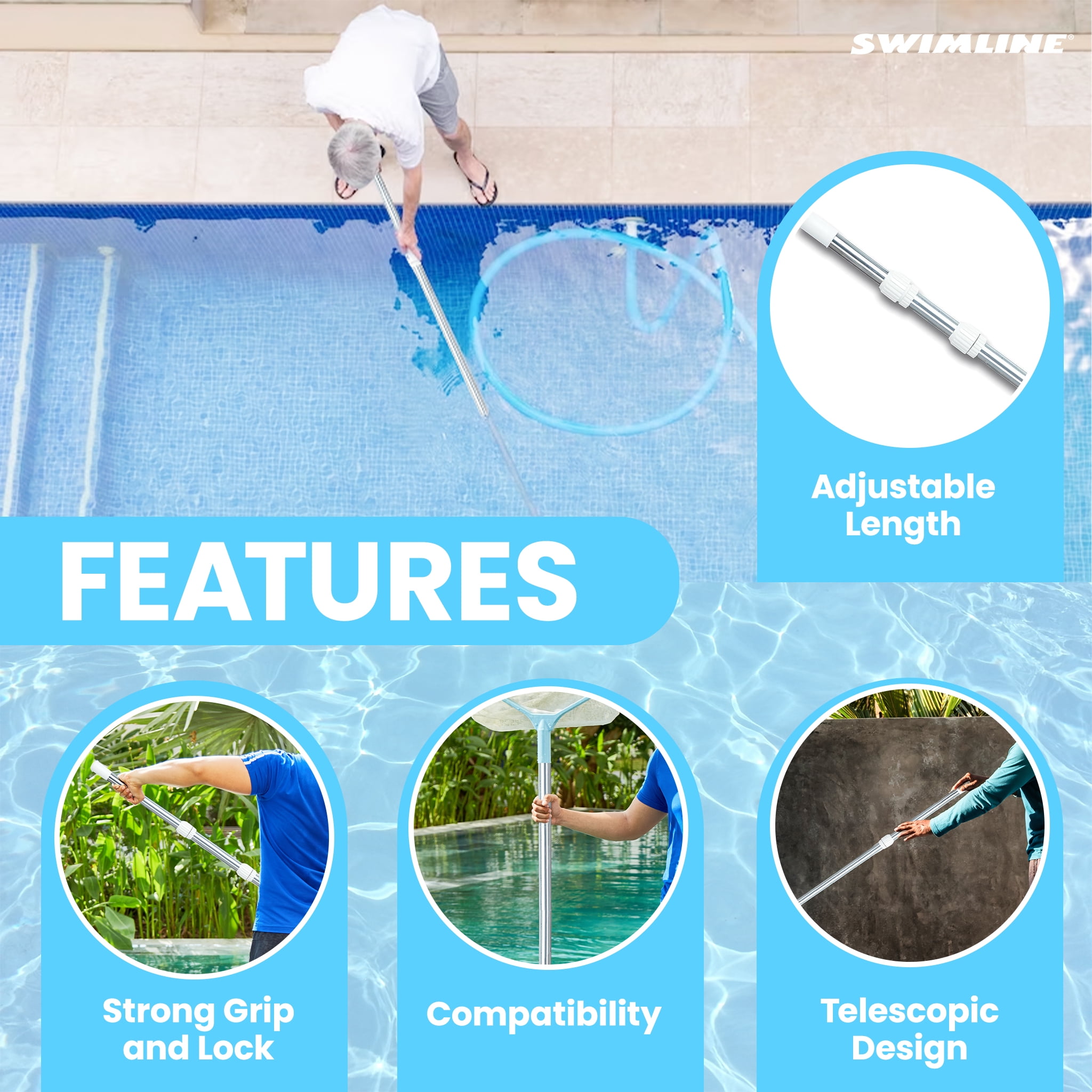 ELODEA Pro Series 3-Piece Telescopic Pool Pole, Aluminum, 5-15 Feet,  Ergonomic Handle, Easy Release Button in the Pool Poles department at