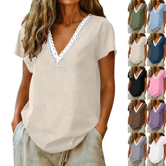 Cotton Linen Shirts for Women Summer Lace Trim V-Neck Tunic Tops Loose Fit Short Sleeve Tops Casual,Beige,L