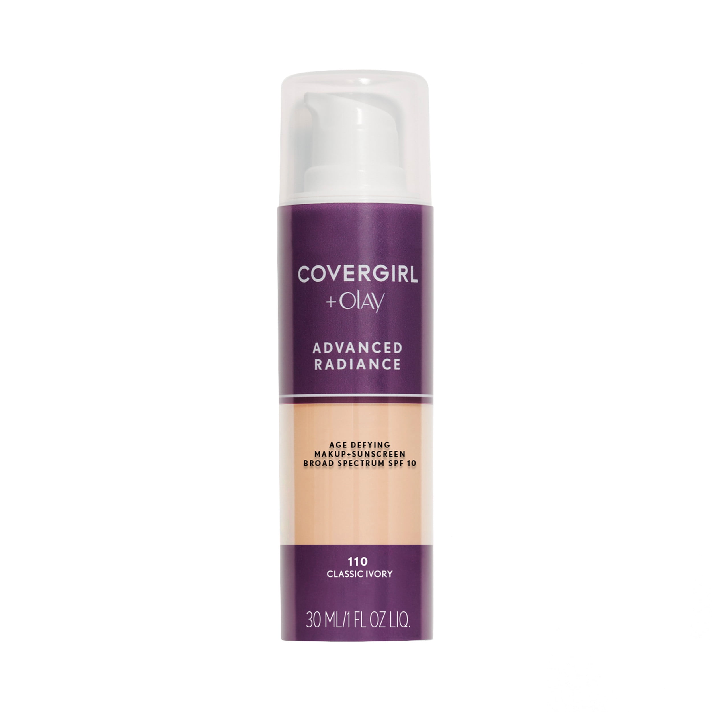 COVERGIRL Advanced Radiance Age-Defying Liquid Foundation, 110 Classic Ivory, 1 fl oz, Anti-Aging Foundation, Foundation for Wrinkles, Cruelty-Free Foundation, Age-Defying Formula, Buildable Coverage