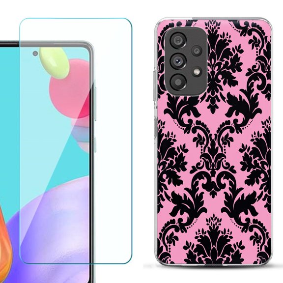 Slim-Fit Fashion Phone Case for Samsung Galaxy A53 5G, with Tempered Glass Screen Protector, by OneToughShield ® - Victorian Pink/Black