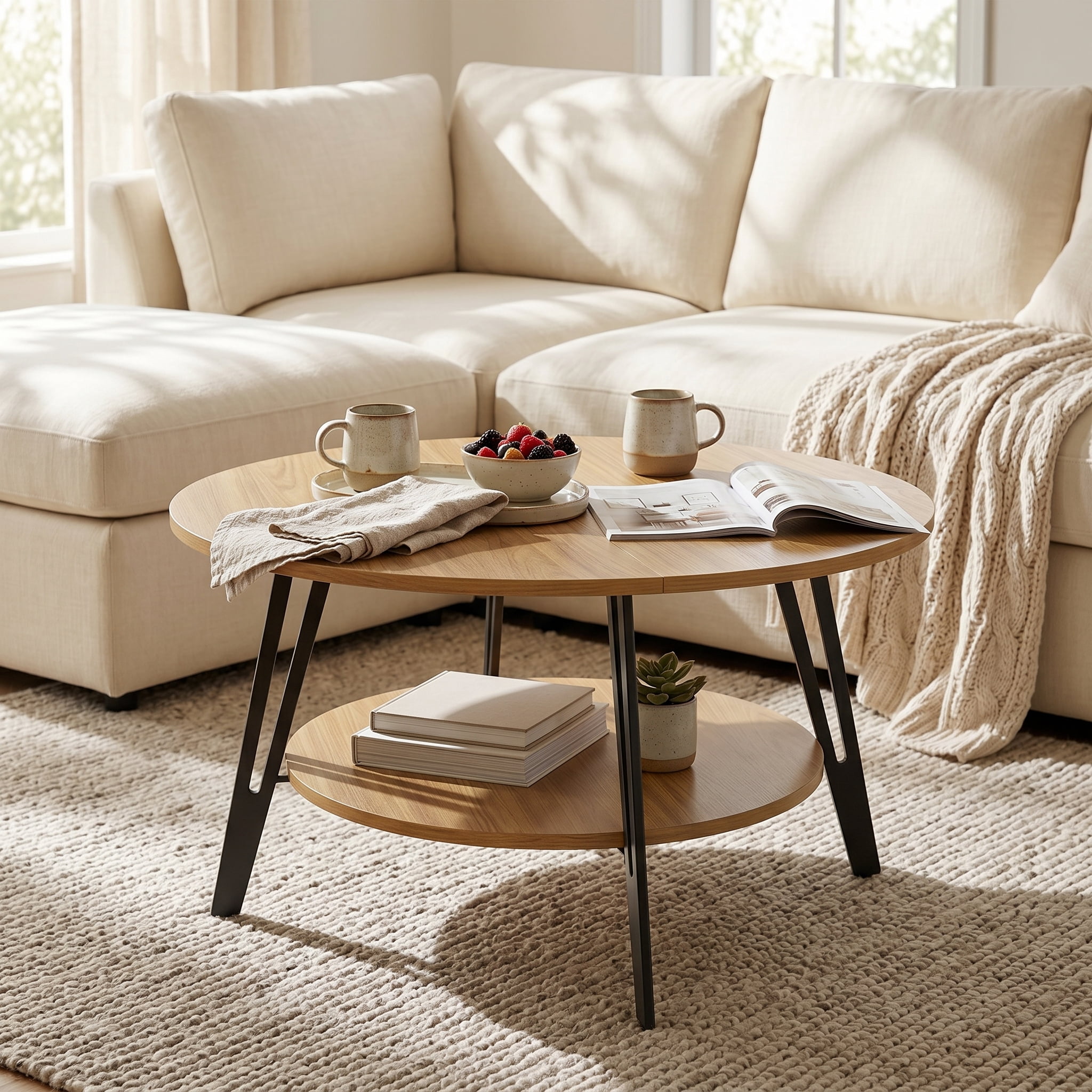 Manxile Round Coffee Table, 2 Tier Coffee Table with Storage for Living Room, Small Space & Apartment, Natural Oak