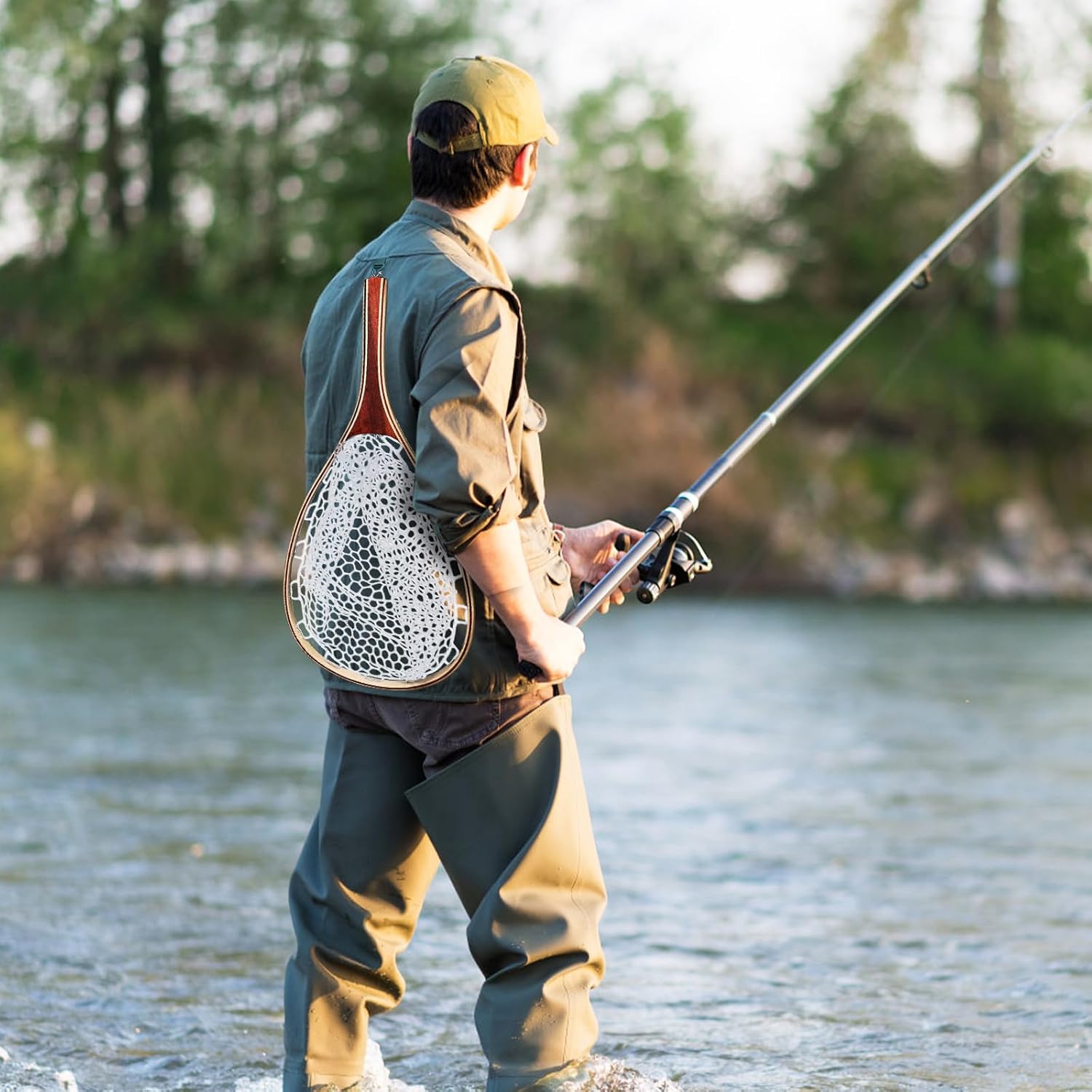 ATENOW Fly Fishing Landing Net Trout Fishing Net, Soft Rubber Catch and Release Fish Net with Wooden Handle Frame, 61.2*27.3*1.8cm