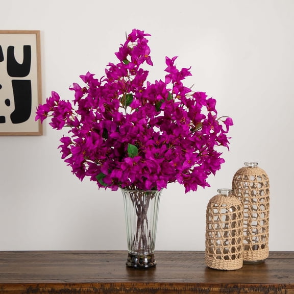 Nearly Natural Bougainvillea Floral Artificial Arrangement with Glass Vase - 30" - Pink