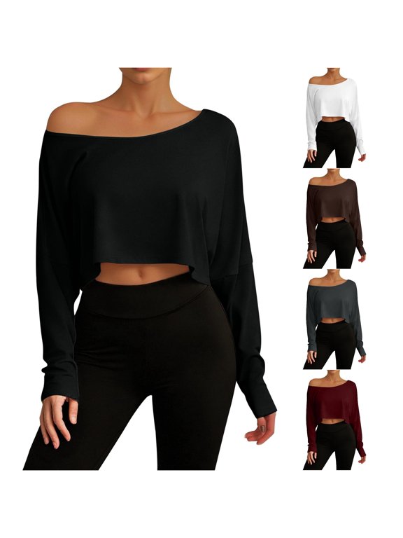 Womens Off Shoulder Crop Top Long Sleeve Fitted Ruched Casual Style Weekend Layering Tops