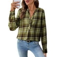 thumbnail image 2 of Women'S V Neck Plaid Shirts Dressy Casual Button-Down Business Work Boho Tops Long Sleeve Fall Outfits Grass Green L, 2 of 9