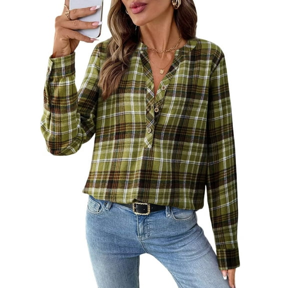 Women'S V Neck Plaid Shirts Dressy Casual Button-Down Business Work Boho Tops Long Sleeve Fall Outfits Grass Green XXL