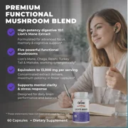 Grow Vitamin Mushroom Mind Supplements - Focus, Memory, Cognitive Nootropic, Immune, Antioxidant, Performance Powder, 90 Veg Capsules