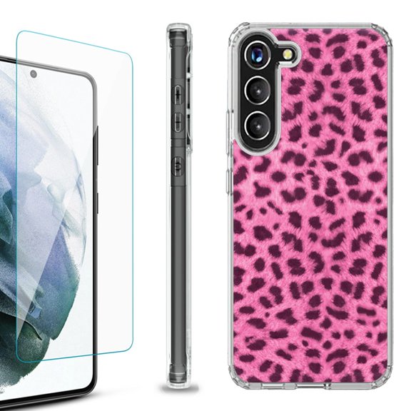 Shockproof Bumper Phone Case for Samsung Galaxy S23 5G, with Tempered Glass Screen Protector, by OneToughShield ® - Cheetah Pink