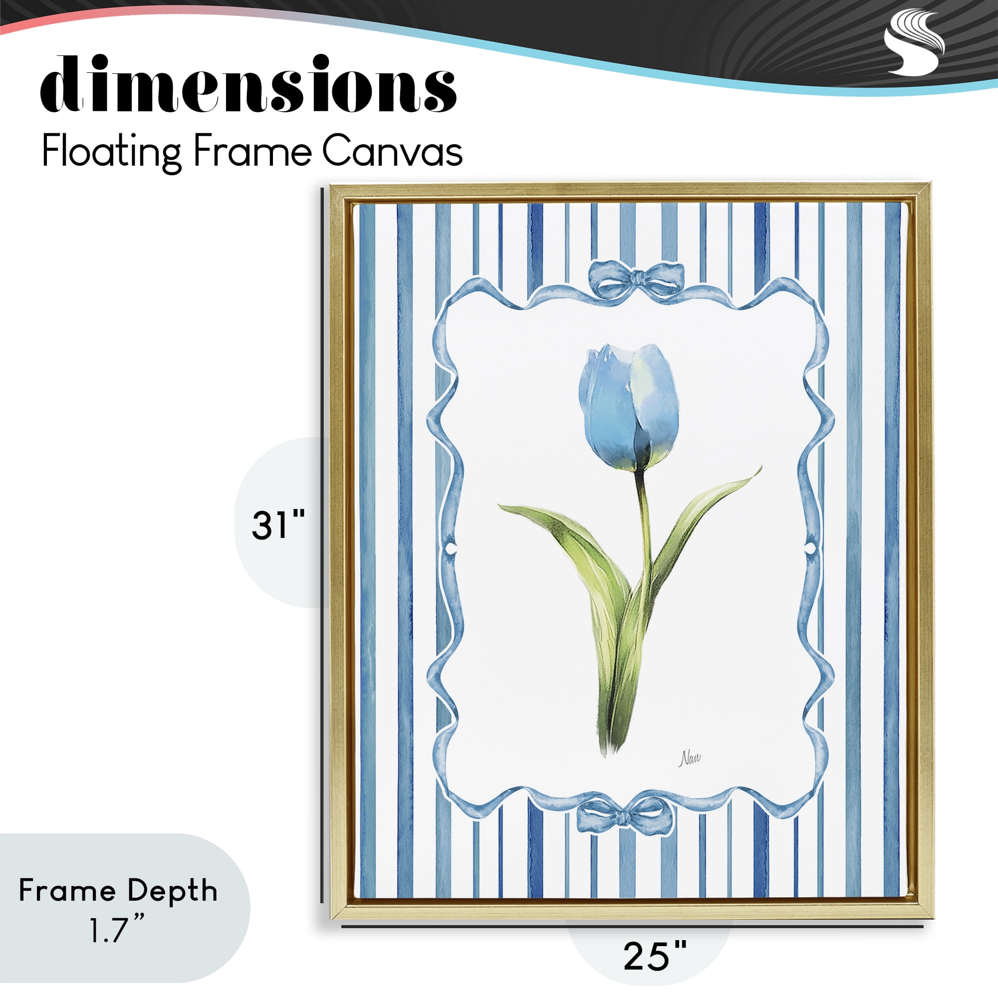 Stupell Industries Single Blue Tulip Stripes Gold Framed Floater Canvas Wall Art, design by Nan