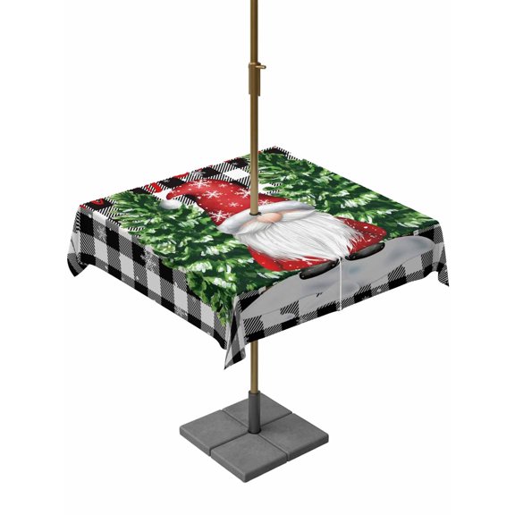 Outdoor Tablecloth with Umbrella Hole and Zipper, Black White Plaid Christmas Square Table Cloth 54x54 Inch Waterproof Tablecloth, Gnomes Xmas Tree Snowflake Winter Picnic Table Cover for Patio