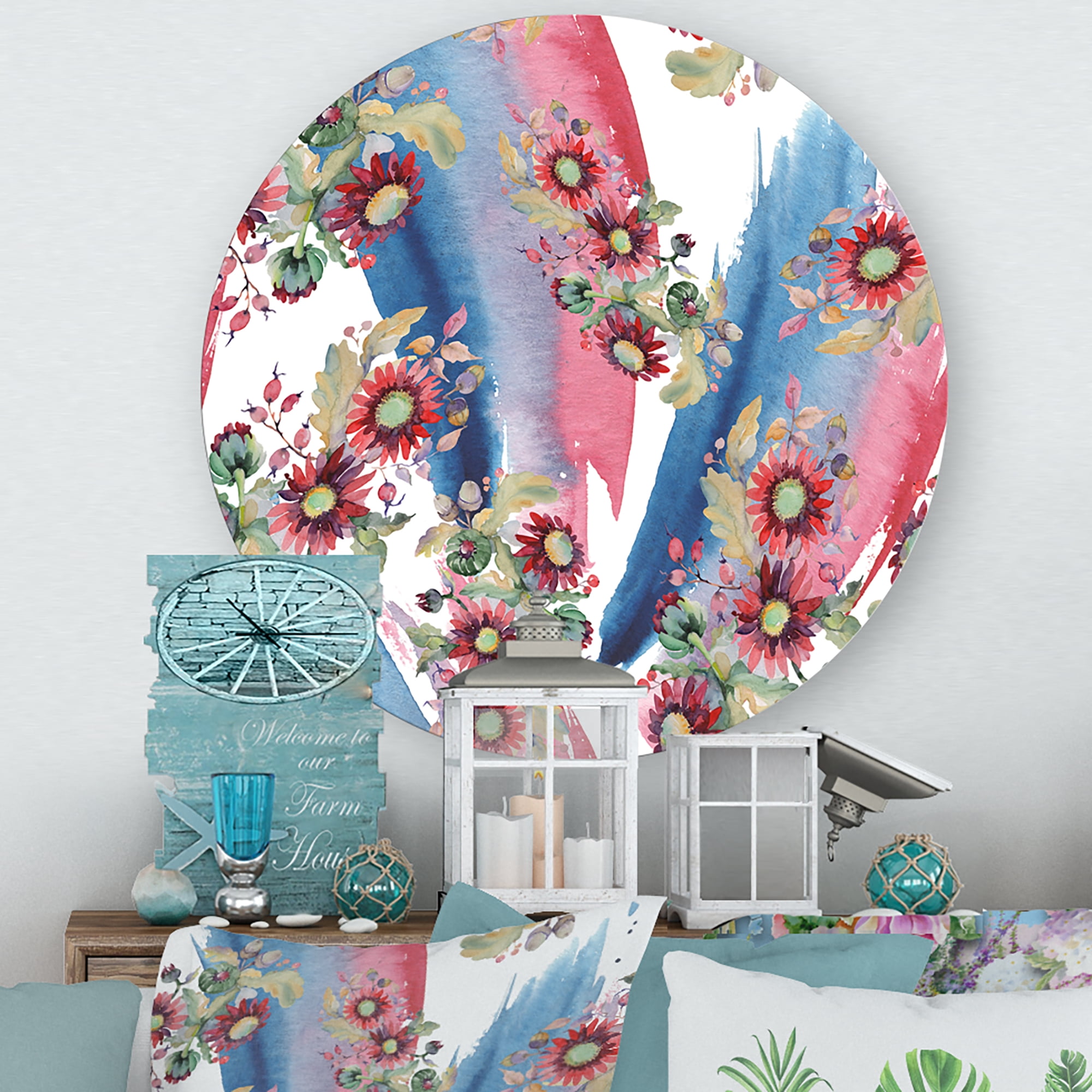 Designart 'Acorn Bouquet and Red Aster' Modern Circle Metal Wall Art 23x23 - Disc of 23