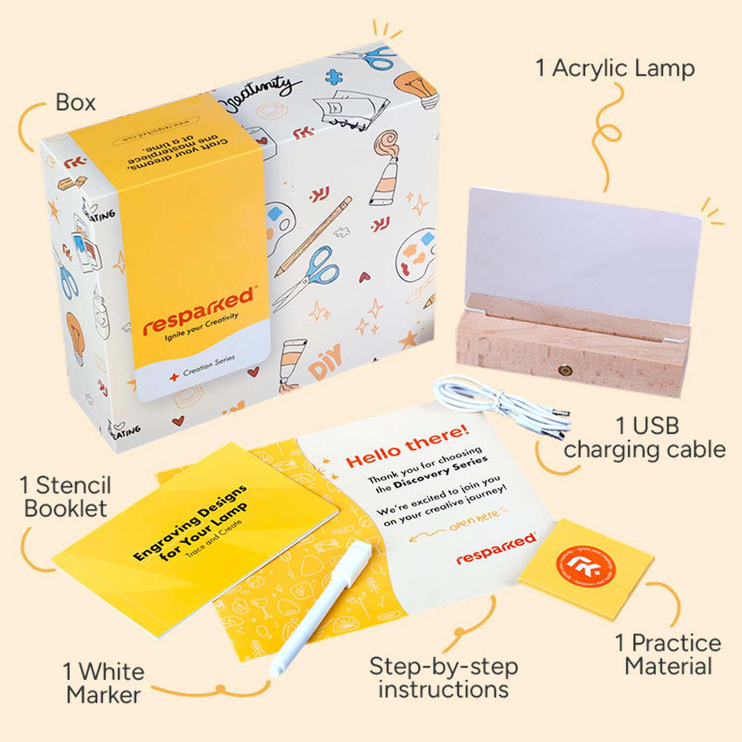Resparked Creation Series Acrylic Lamp Crafting Kit – Personalized Engraving, Rechargeable Base, Step-by-Step Instructions, Stencils, and Practice Material for Home Décor or Gift-Giving