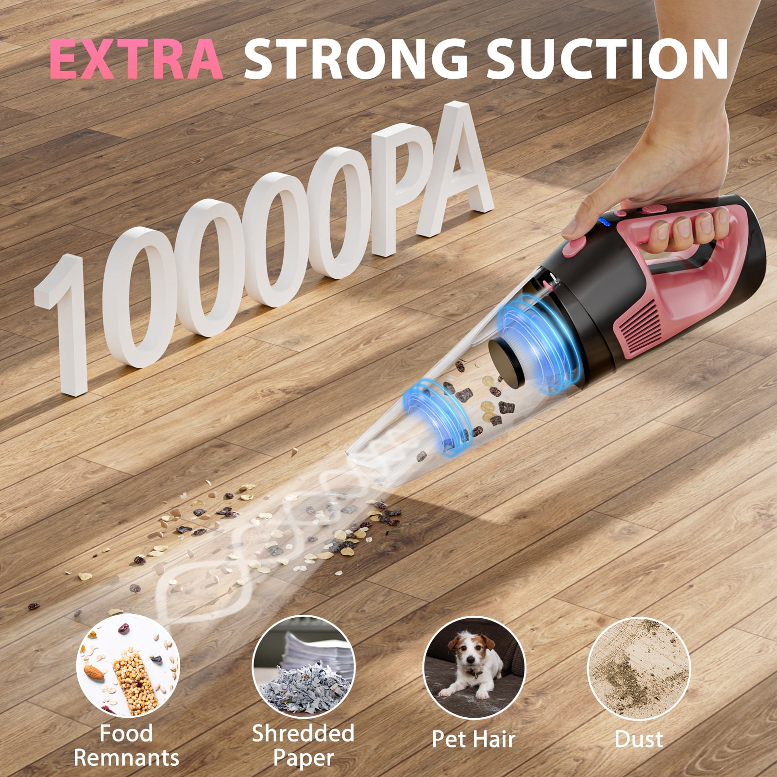 NEXPOW Cordless Handheld Vacuum Pink, 10000Pa Car Vacuum Cleaner, 50Min Runtime 7800mAh, LED Light & Charger, Lightweight 1.9lb for Home Car Pet Hair