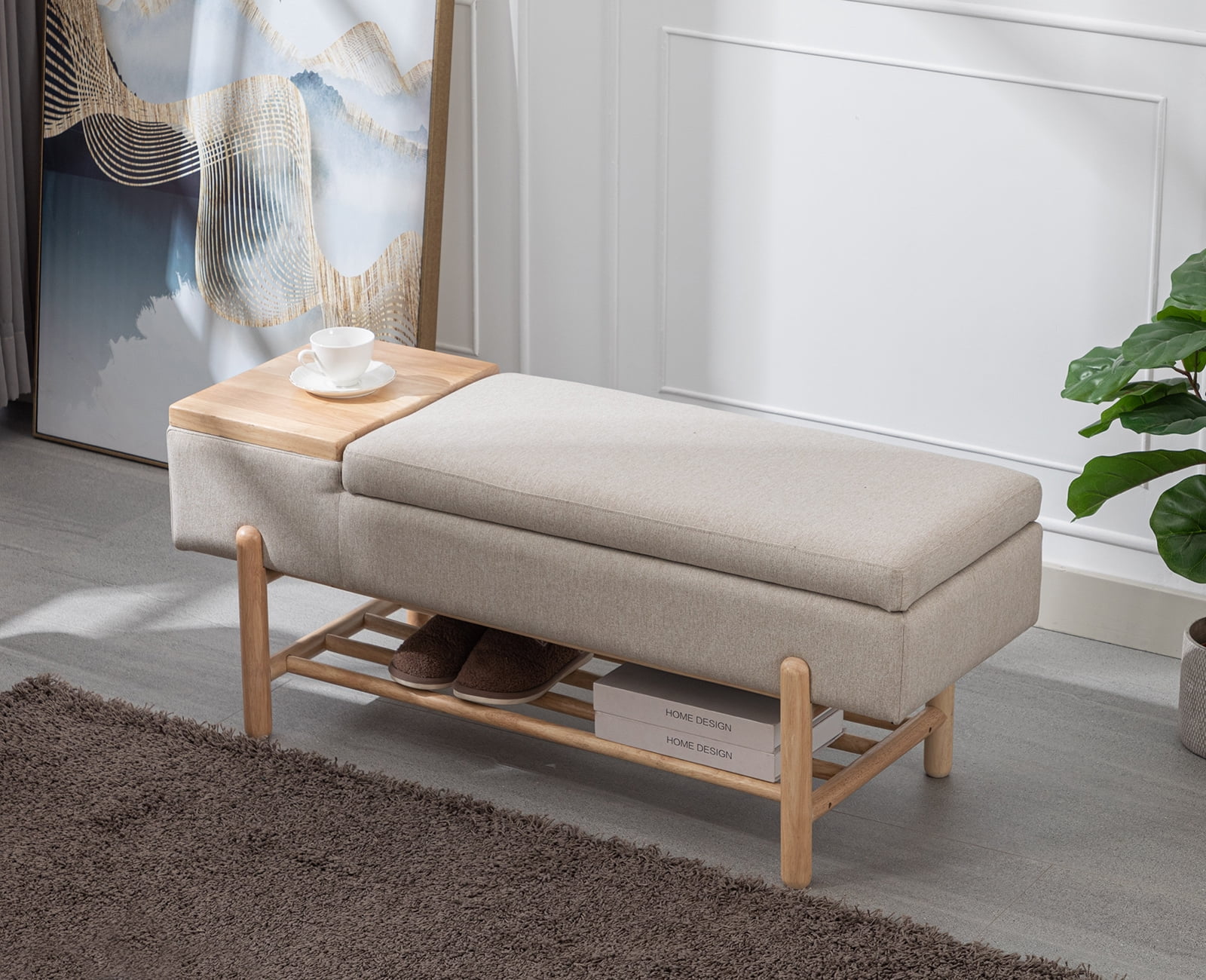 Guyou Storage Bench Linen End of Bed Ottoman Bench with Wooden Shoe