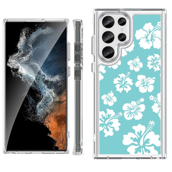 Shockproof Bumper Phone Case for Samsung Galaxy S23 Ultra 5G, by OneToughShield ® - Hibiscus Teal