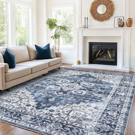 chitooma 8'x10' area rugs for living room, machine washable rugs vintage area rug for bedroom dining room dorm office with non-slip backing, stain resistant non-shed carpet