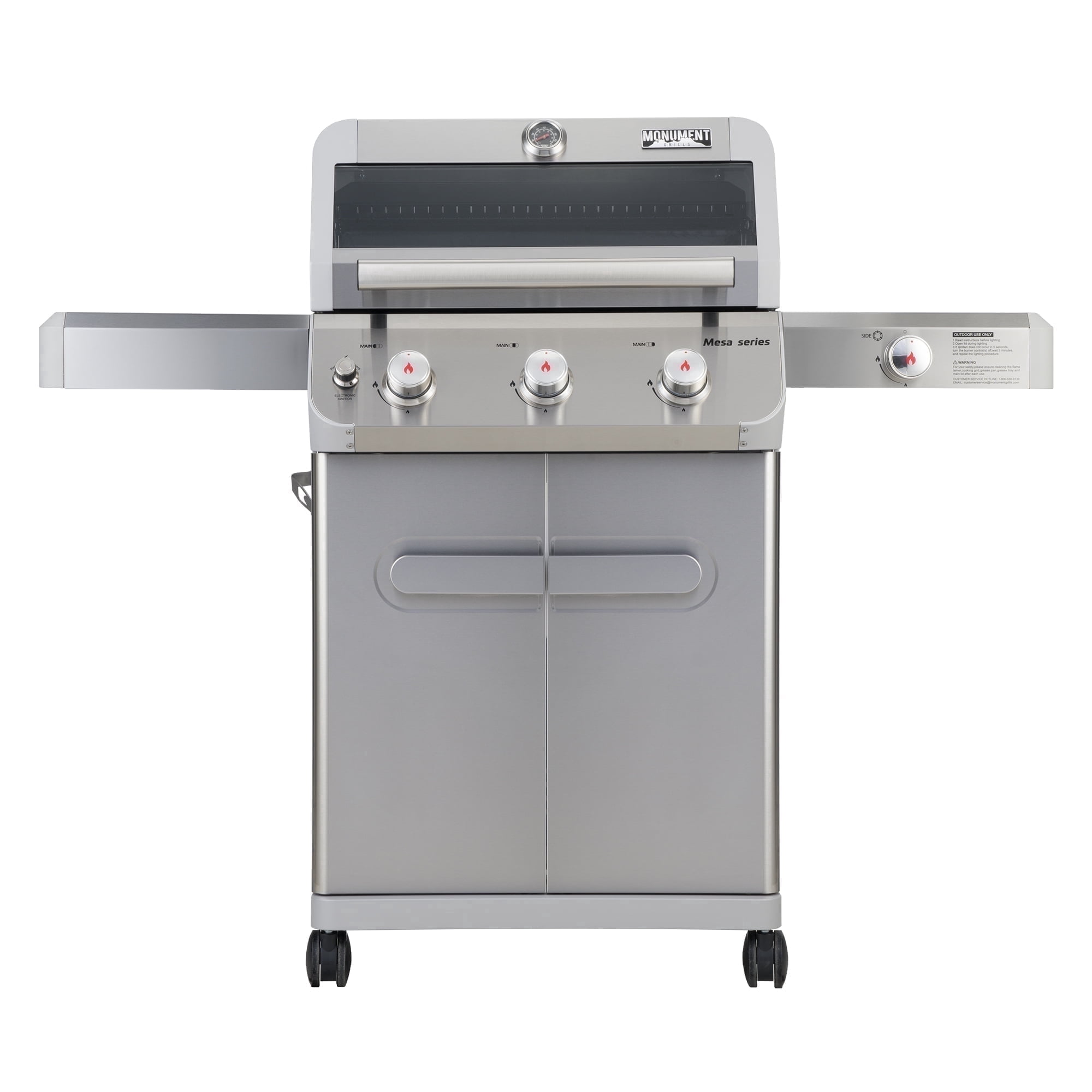 Monument Grills Mesa 3-Burner Propane Gas Grill, Stainless Steel, Clear View Lid, LED Controls
