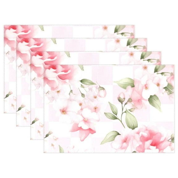 Pink Flowers Grids 12×18 inch Placemats Heat Resistant Washable Foldable Rectangular Placemats Set Decoration Indoor Outdoor for Kitchen Dining Table 1PC
