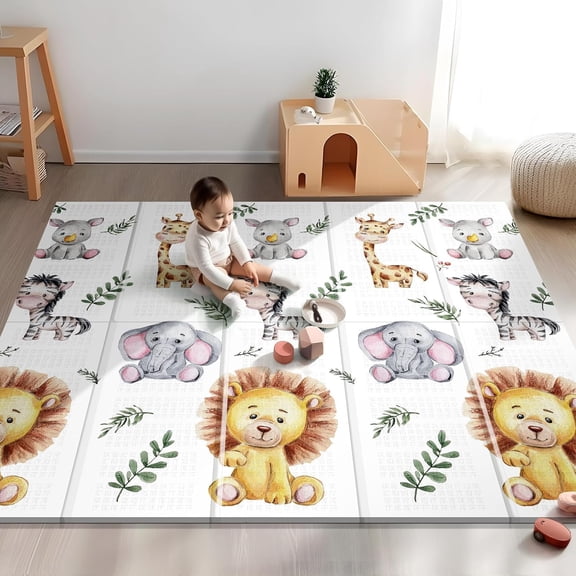 79x71 Extra Large Baby Play Mat for Floor, Foldable Foam Playmat for Babies 0-12 Months & Kids, Non-Toxic Waterproof Baby Mat for Floor, Thick Playpen Mat for Tummy Time Crawling, Lion