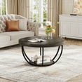 thumbnail image 4 of Fnova Coffee Table with 2 - Tier Storage, 32" Round Wood Coffee Table with Metal Legs, Modern Rustic Style Center Table for Living Room, Dark Gray and Black, 4 of 11