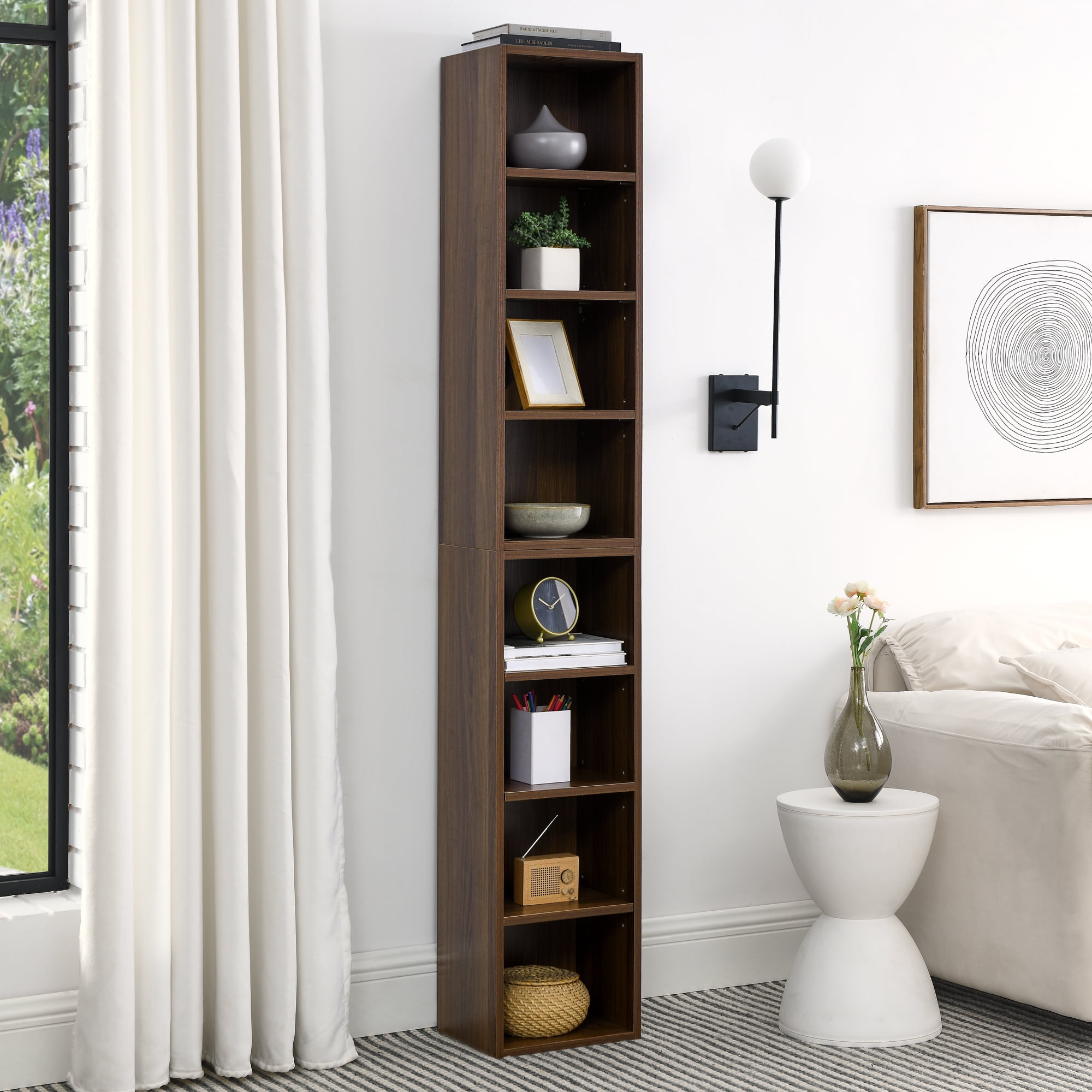 71''T Combined Book Shelf, Adjustable Narrow Storage Cabinet, Tower Display Rack for CD DVD Storage, Corner Wall Bookcase w/Adjustable Shelf, Brown