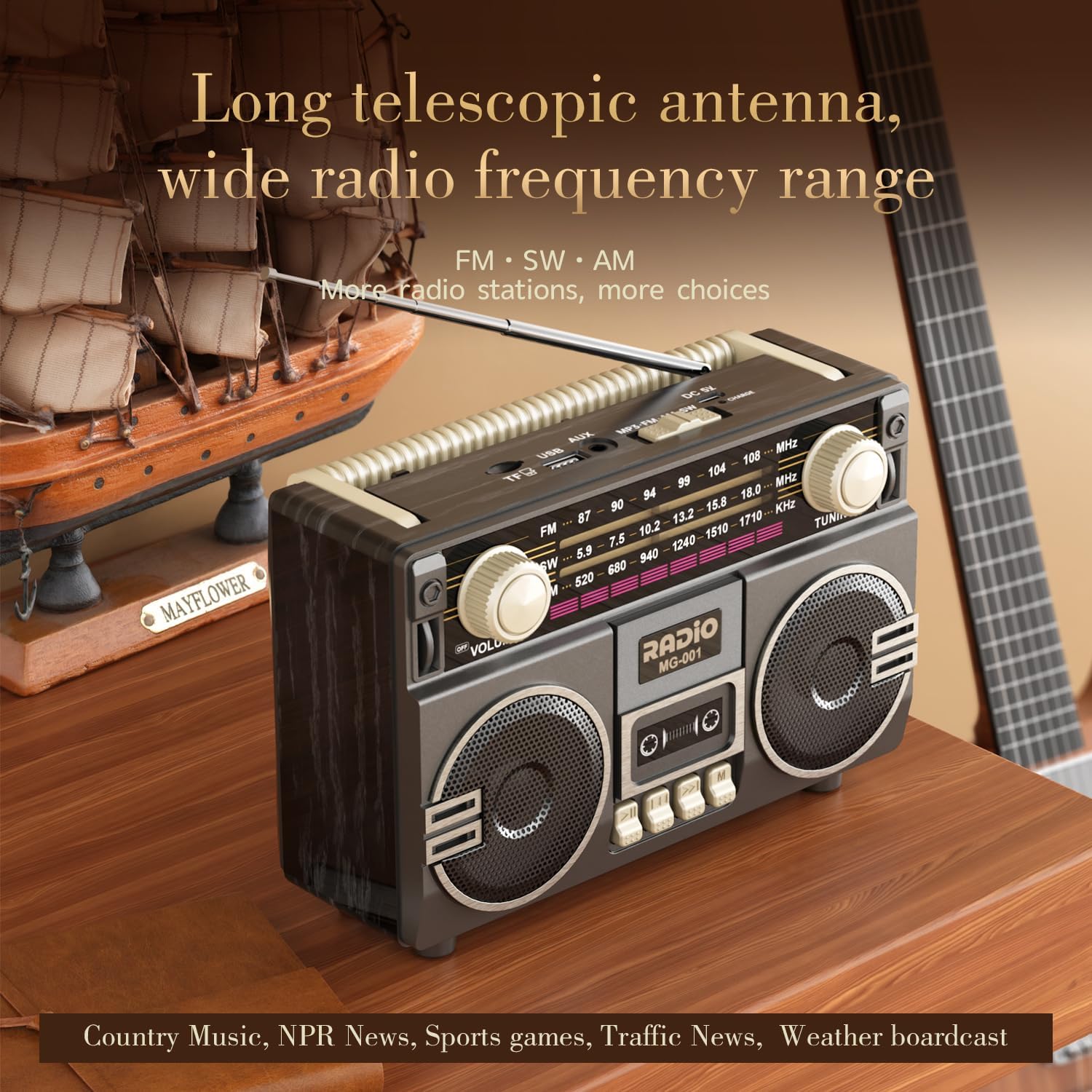Portable AM/FM Radio with Dual Speakers, USB-C Rechargeable Retro Radio, Transistor Radios with Excellent Reception, Easy-to-Use Large Knob, Portable AM/FM Radios for Seniors at Home and Outdoors