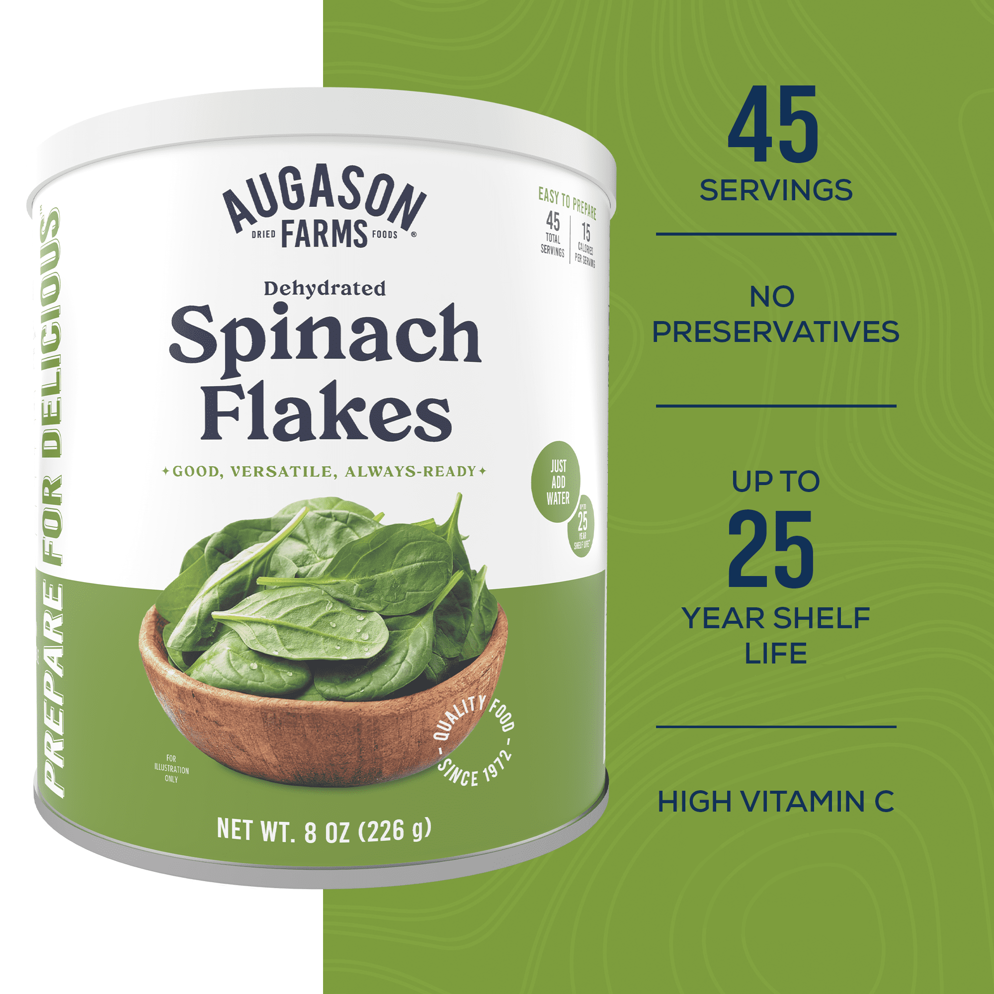 (2 pack) Dehydrated Spinach Flakes Emergency Food Supply, 45 Servings, 25 Year Shelf Life, 15 Calories per Serving - Dehydrated Meals, Survival Food Camping Essentials Can