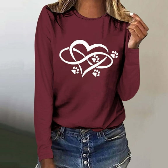 Pimelu Valentine Shirts for Women Womens Long Sleeve Tshirts Valentines Day Fashion Dog Paws Heart Print Pullover Sweatshirts Ladies Lightweight Spring Crewneck Blouses Tops