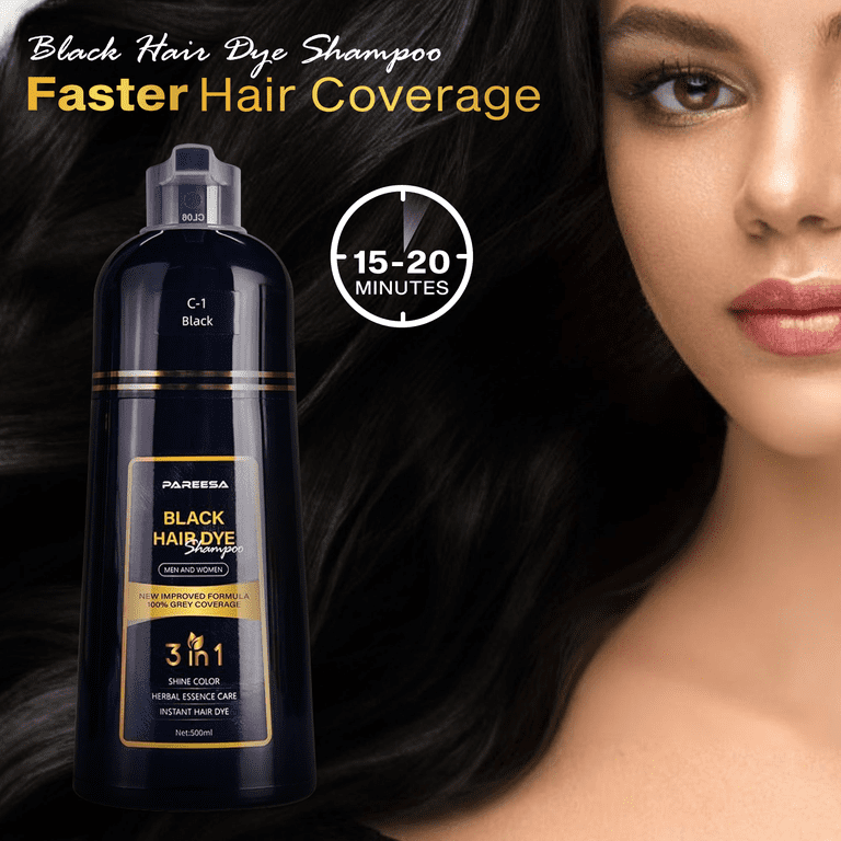 PAREESA Black Hair Dye Shampoo, 3 in 1 Gray Coverage, Safe Formula