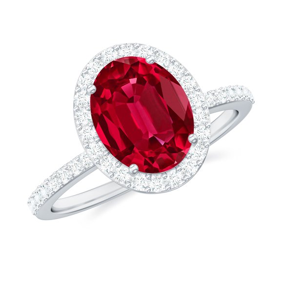 Rosec Jewels Womens Oval Ruby Halo Ring with Moissanite - 8X10 mm Lab Created Ruby, AAAA Grade, 925 Sterling Silver, US 4.00
