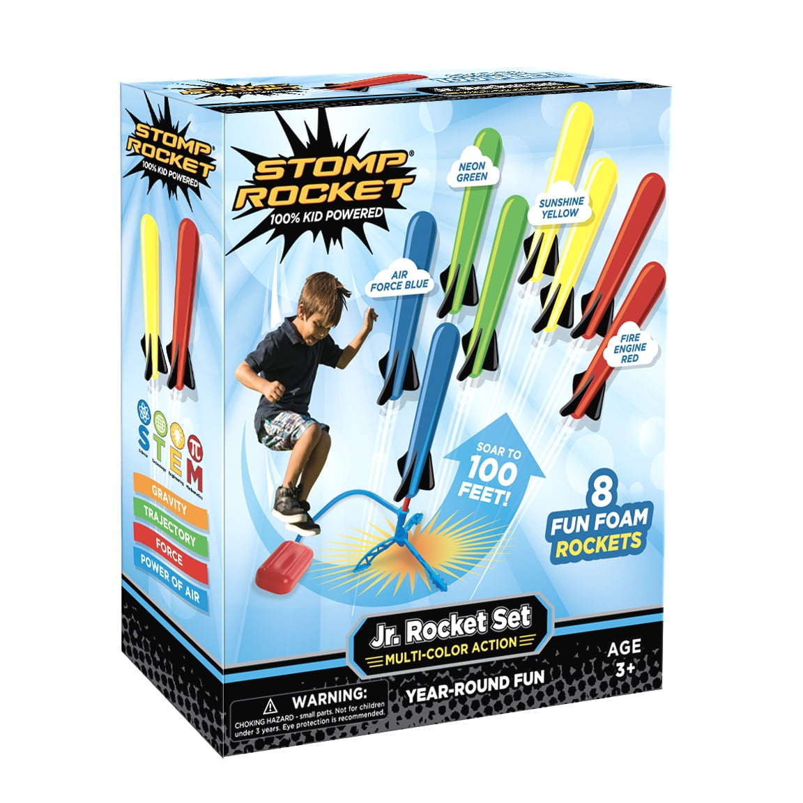 Stomp Rocket® Original Jr. Rocket Launcher for Kids, Soars 100 ft, 8 Multi Color Foam Rockets and 1 Adjustable Launcher Stand, Gift for Boys or Girls Age 3+ Years Old