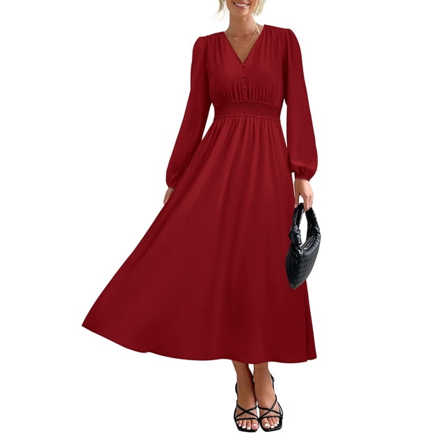 Vestido largo PRETTYGARDEN 2025 primavera manga larga con cuello en V para mujer