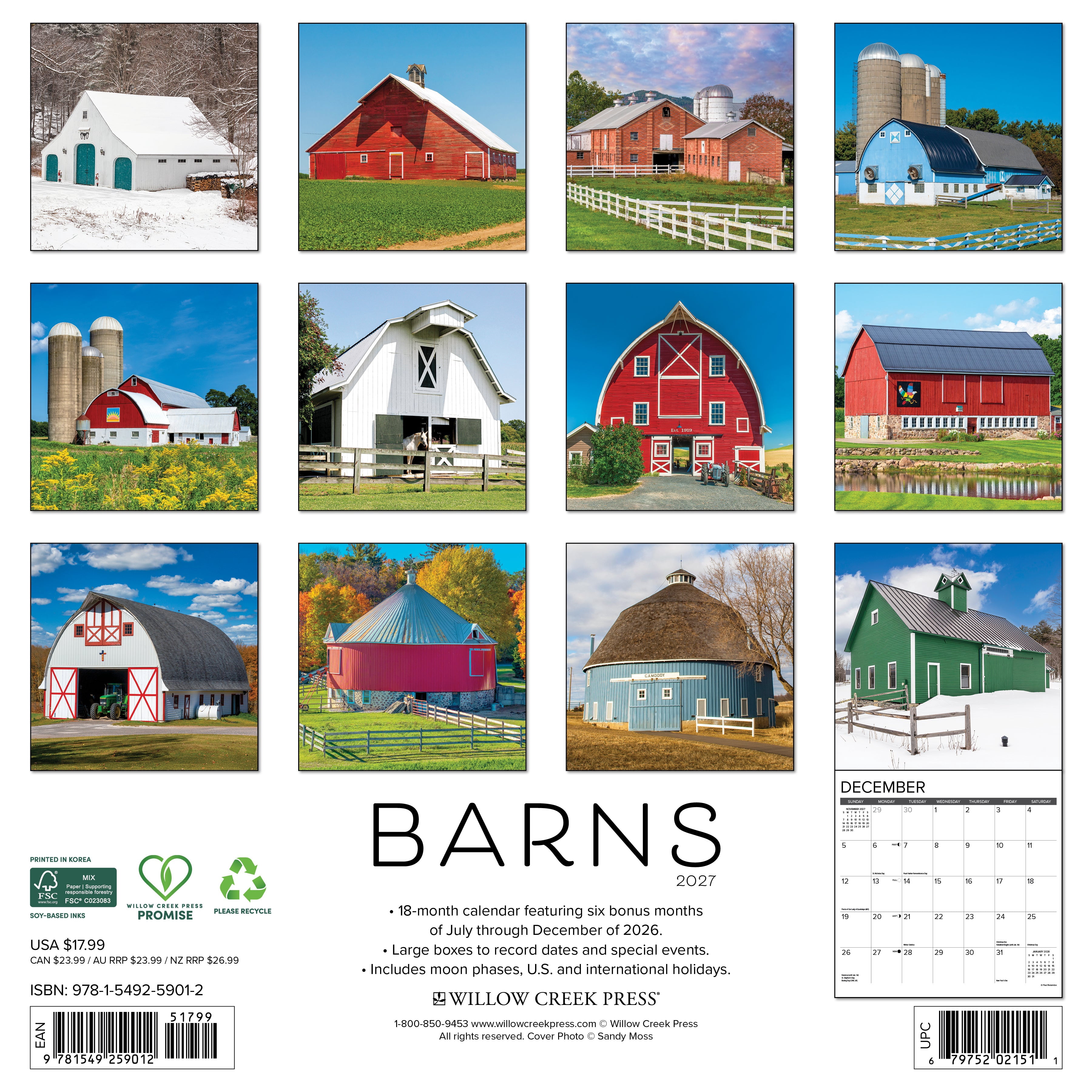 Willow Creek Press, Barns 2027 Wall Calendar