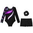 thumbnail image 3 of Aislor Kids Girls Printed Patchwork Long Sleeve Gymnastic Leotard Biketard Unitard with Shorts Hair Black&Purple 14, 3 of 6