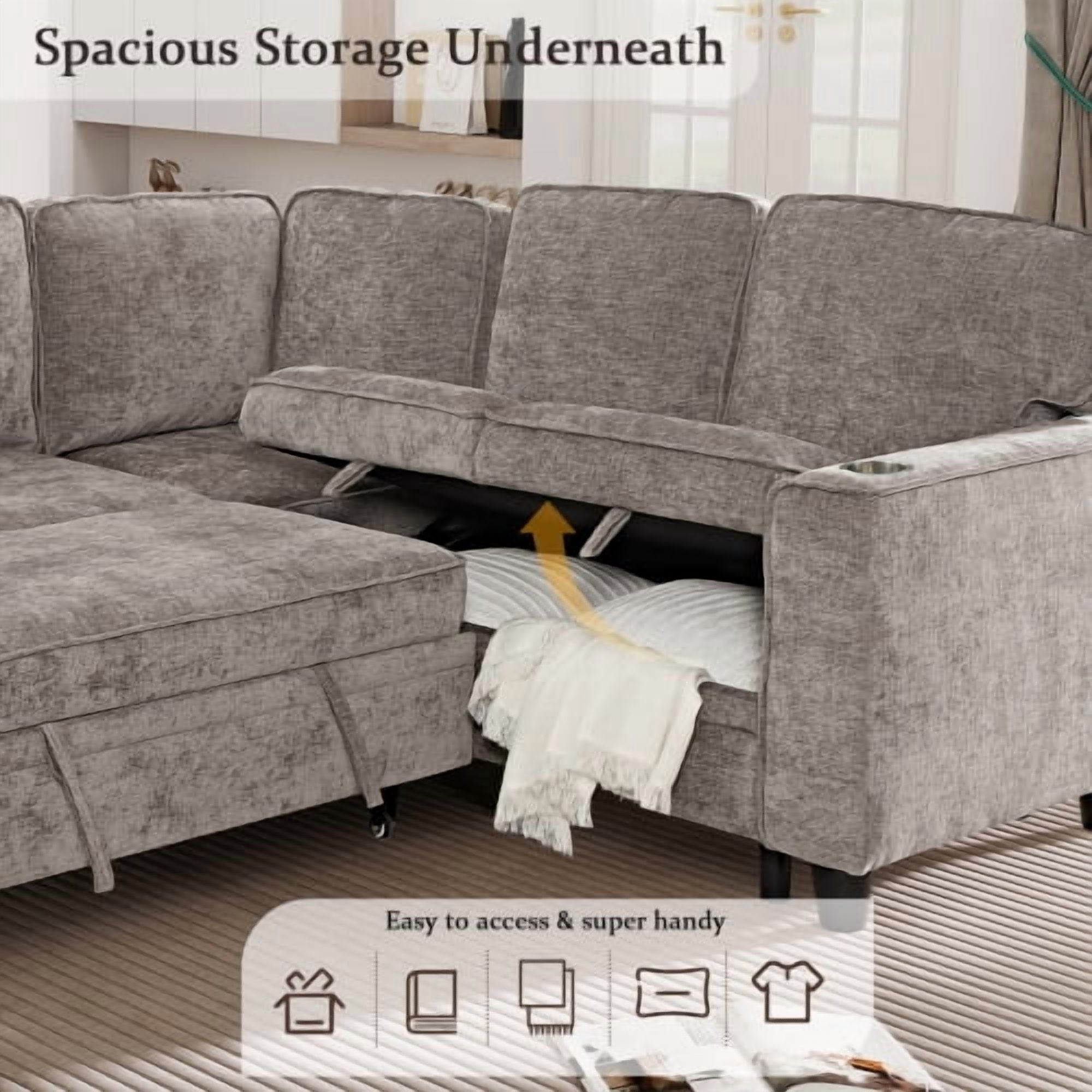 81" L-Shaped Sectional Sofa Bed with Pull Out Sleeper & Storage Seat, 5-Seat Convertible Couch with USB & Type-C Ports, Light Brown