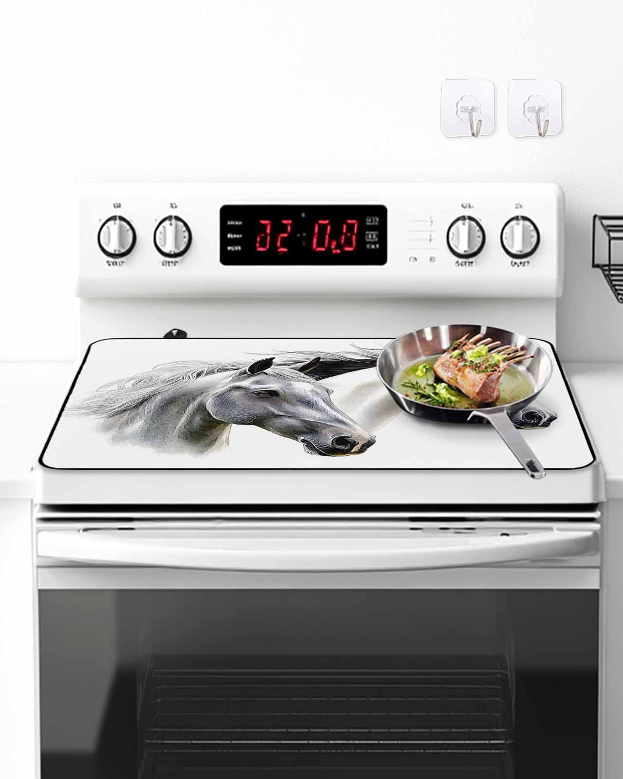 Stove Top Covers for Electric Stove, Horse Print Glass Stovetop Cover Protector, Modern Watercolor Grey White Animals Induction Cooktop Protector Oven Mat for Kitchen Countertop 24"x21"