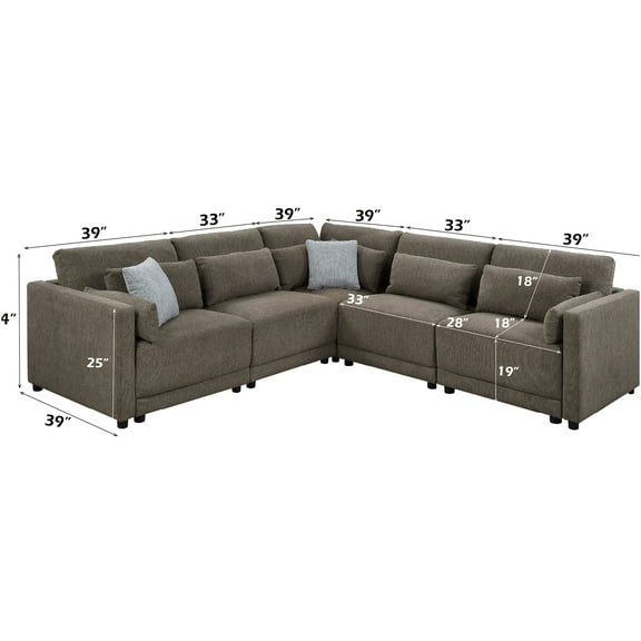 JERFIT 5-Piece Brown Linen Modular Sectional Sofa Set with Pillows, L-Shaped Couch with Chaise for Living Room