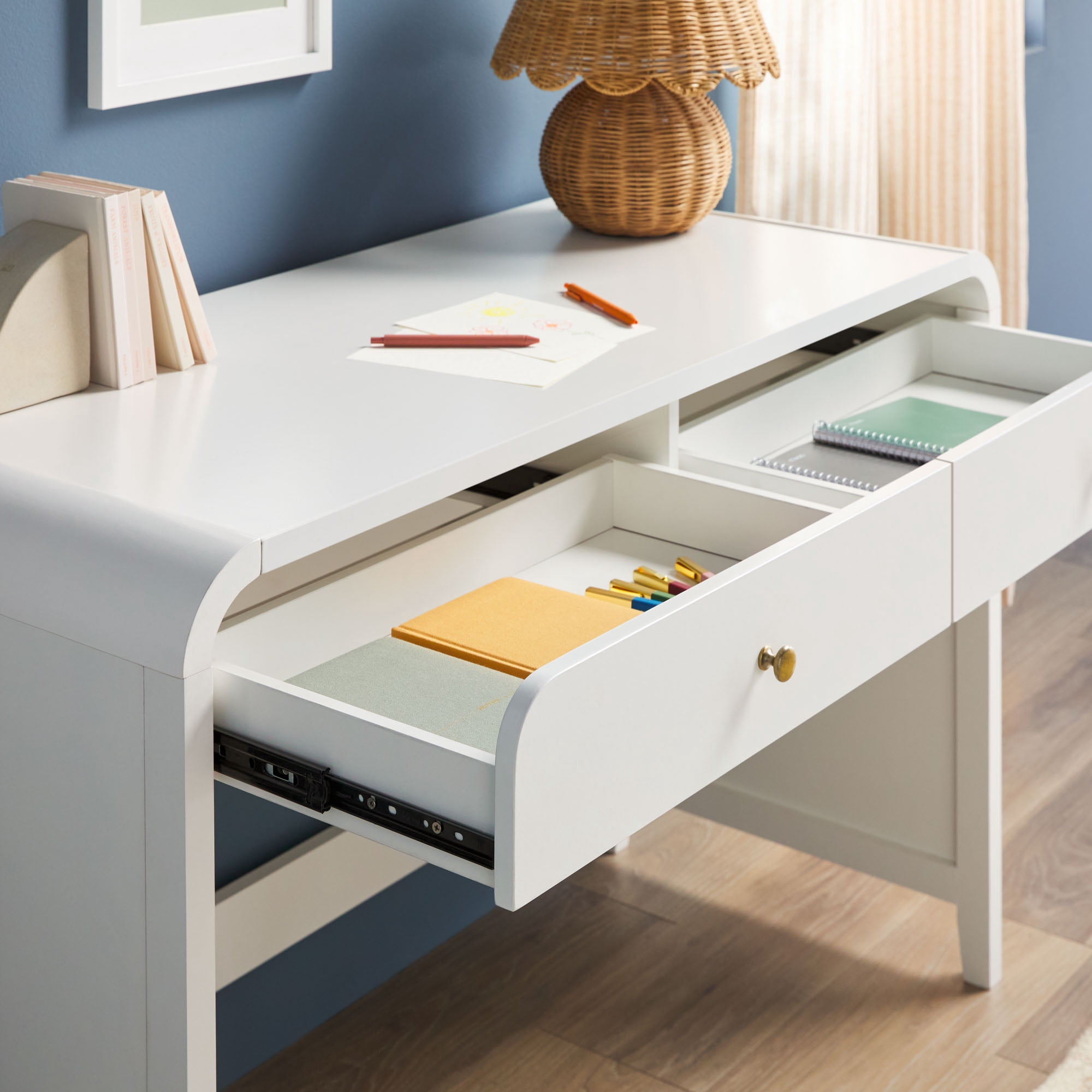 Walker Edison Modern Curve Design Writing Desk with Drawer, White