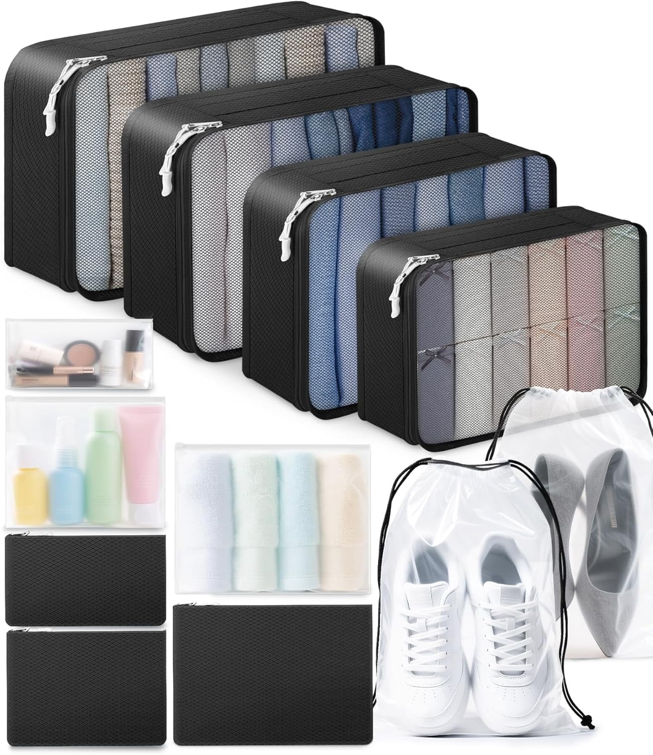 12-Piece Packing Cubes Set – Travel Essentials Luggage Organizer – Includes 4 Cubes + 3 Zip Pouches + 3 Waterproof Bags + 2 Shoe Bags – Lightweight Polyester – Beige/Pink/Black