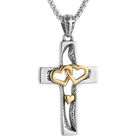 Love Heart Cross Necklace for Men Women Stainless Steel Retro Hollow Intertwined Hearts Love Cross Pendant Necklace Jewelry Gift