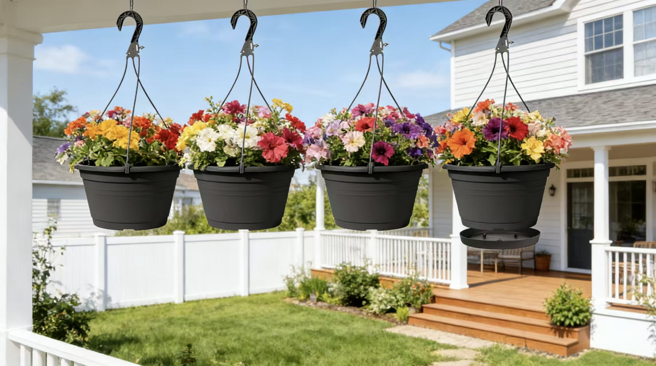FENLEI 4-Pack Plastic Hanging Planters with Drain Trays and Hooks, Indoor Outdoor Flower Pots for Garden, Balcony & Patio Ornament