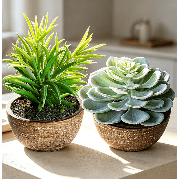 Jahe Artisan Set of 2 Artificial Succulents Faux Plants with Brown Wooden Pots,Realistic Fake Greenery for Home Office Desk Decor