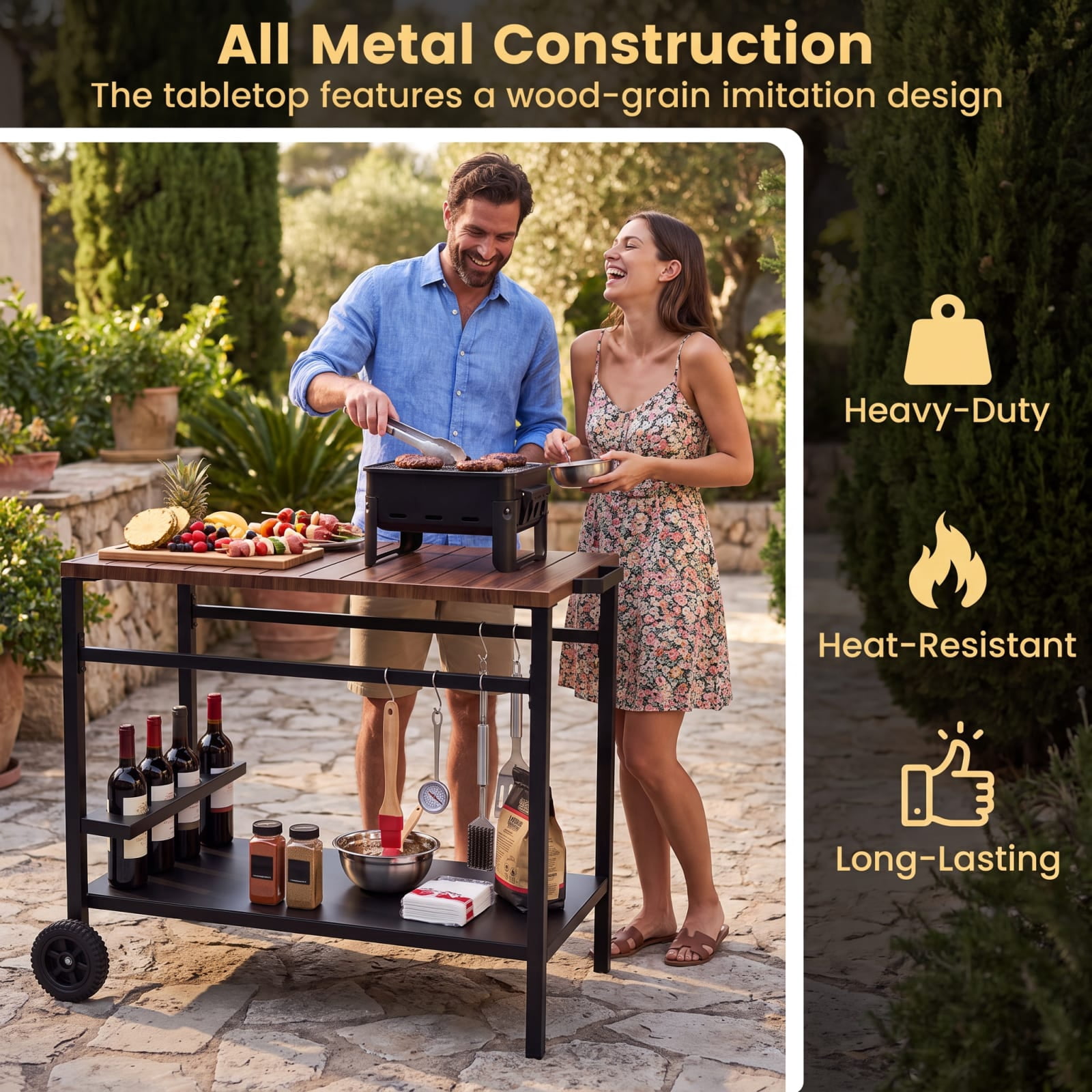 Furnibear Outdoor Grill Cart with Spice Rack and Hooks for Patio and Garden for Kitchen Dining Home Rolling Utility Serving, Brown