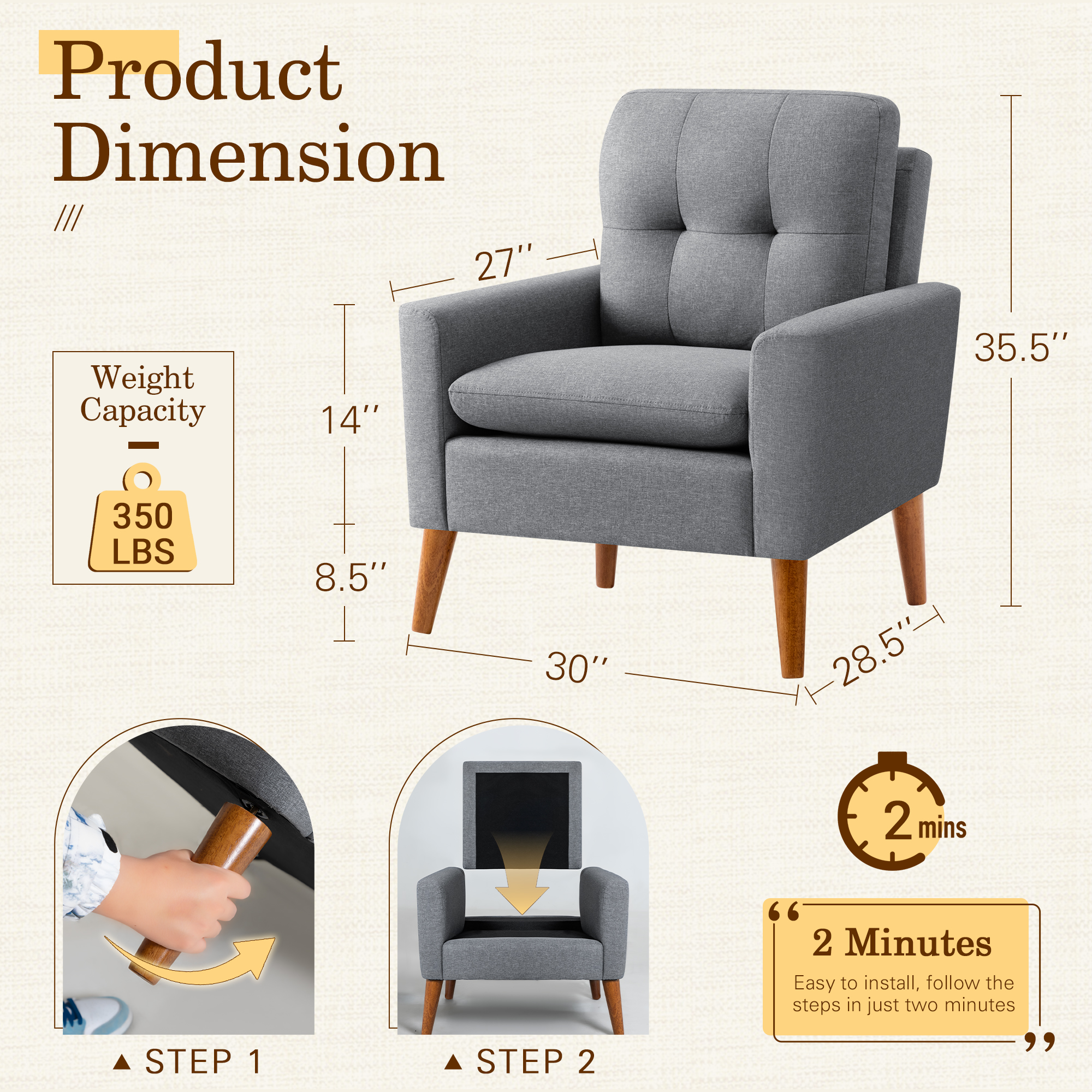 Homall Accent Chair Mid Century Modern Fabric Upholstered Tufted Armchair Wood Legs Lounge Chair for Living Room,Set of 2,Gray