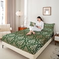 thumbnail image 3 of jejeloiu Rustic Damask Queen Sheets,Retro Print Queen Sheet Sets For Adults,Green Gold,4-Piece,1 Flat Sheet, 1 Fitted Sheet and 2 Pillowcases, 3 of 6