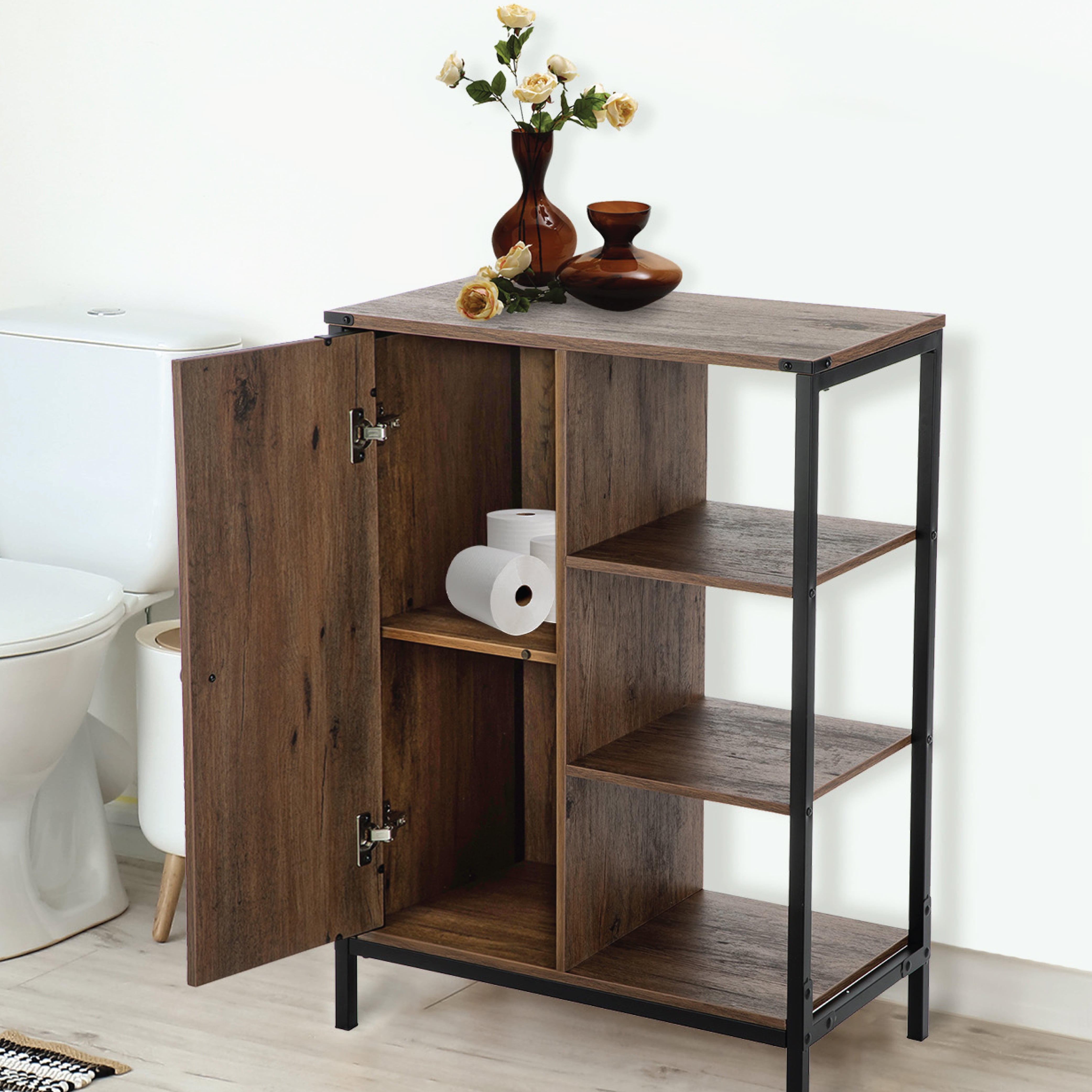 Landia Home 34"H x 24” W x 13"D Bathroom Cabinet with Steel Frame, 3 Shelves, Brown, CVA6114U