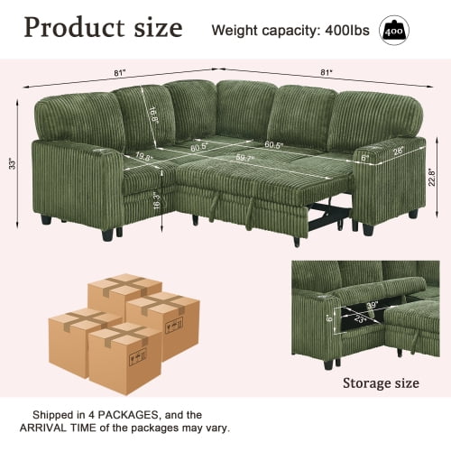 Howcool Modular Sectional Sleeper Sofa, 81" L-Shaped Oversized Cloud Couch with Pull-Out Bed, 5-Seat Corduroy Sofa with Storage Chaise, USB Charging and Cup Holders for Living Room Apartment,Green