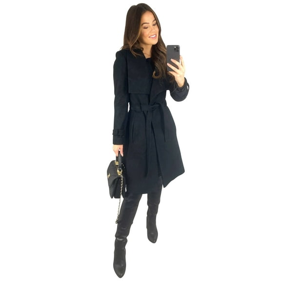 Anastasia Fashions Womens Large Collar Belted Wrap Winter Coat Black Size 6