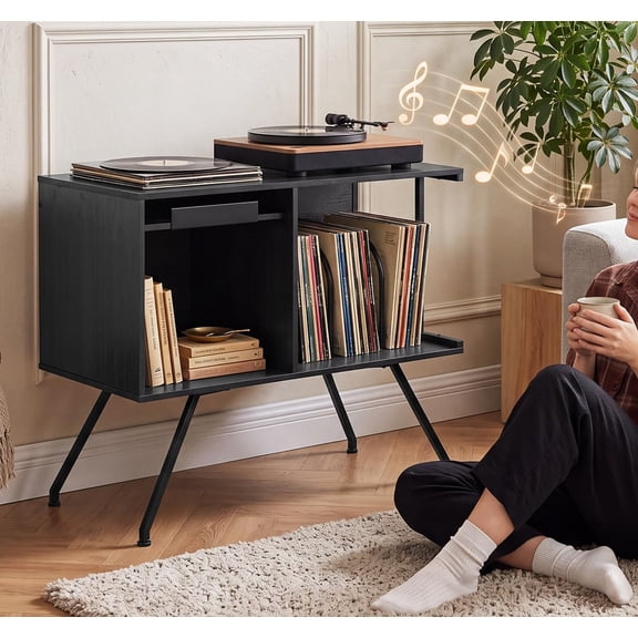 Vinyl Record Player Stand with Storage Cabinet, Holds 150 Records, Flip Top Lid, Turntable Table with Metal Dividers, Mid Century Design